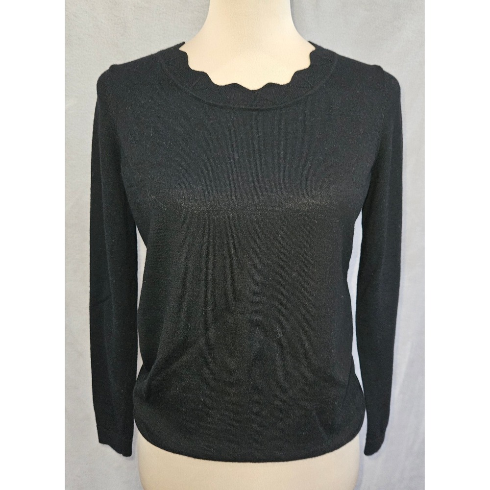 Talbots Pure Merino Wool Sweater Womens MP Black Scalloped Neck Fine Knit Luxe